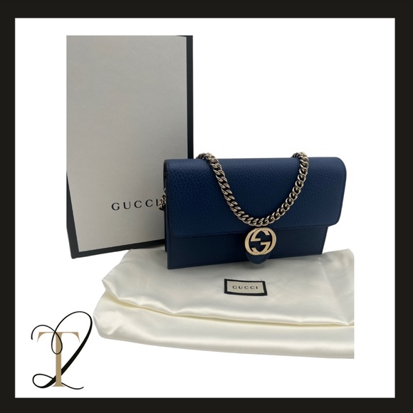 GUCCI Dollar Calfskin Interlocking G Chain Wallet Caspian - Picture 1 of 5